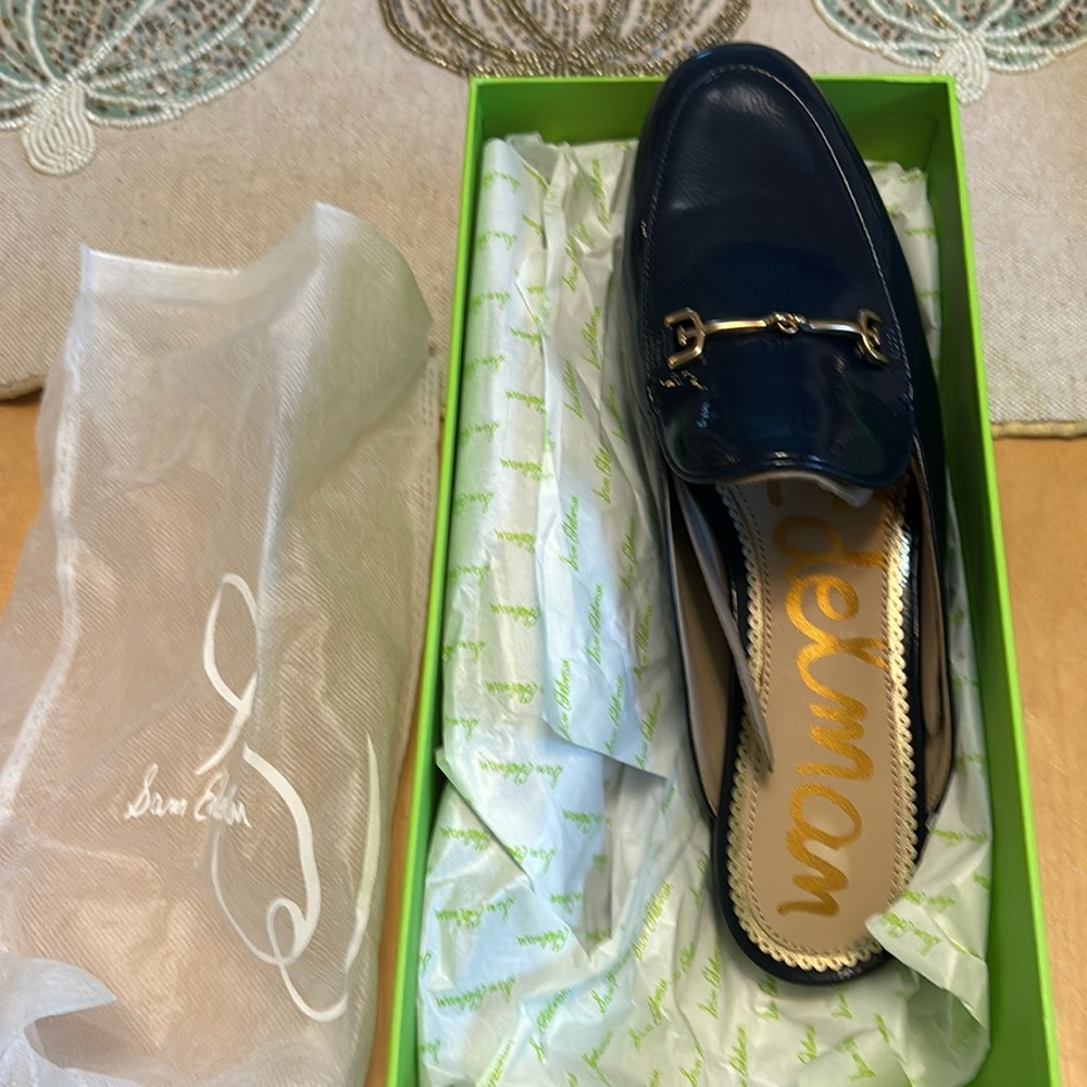 Brand new navy patent leather mules